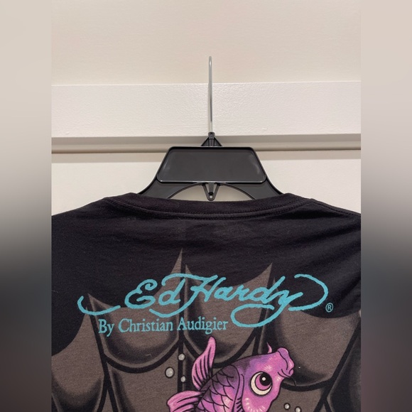 Ed Hardy Shirt Vintage Y2K Size Small Rhinestone Skull Koi Fish Rare Multi Print - Picture 10 of 16